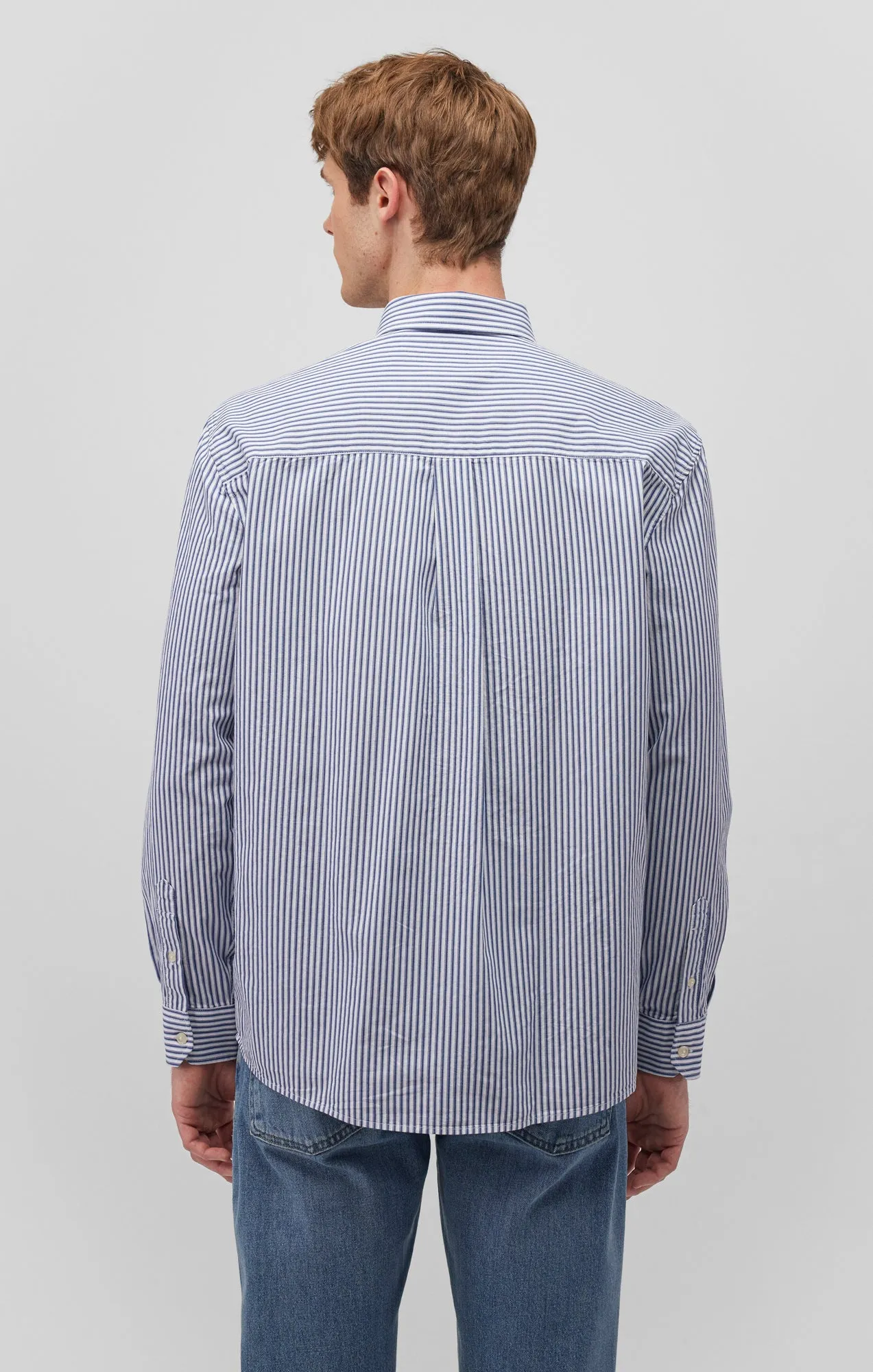 STRIPED BUTTON-UP LONG SLEEVE SHIRT IN TRUE BLUE