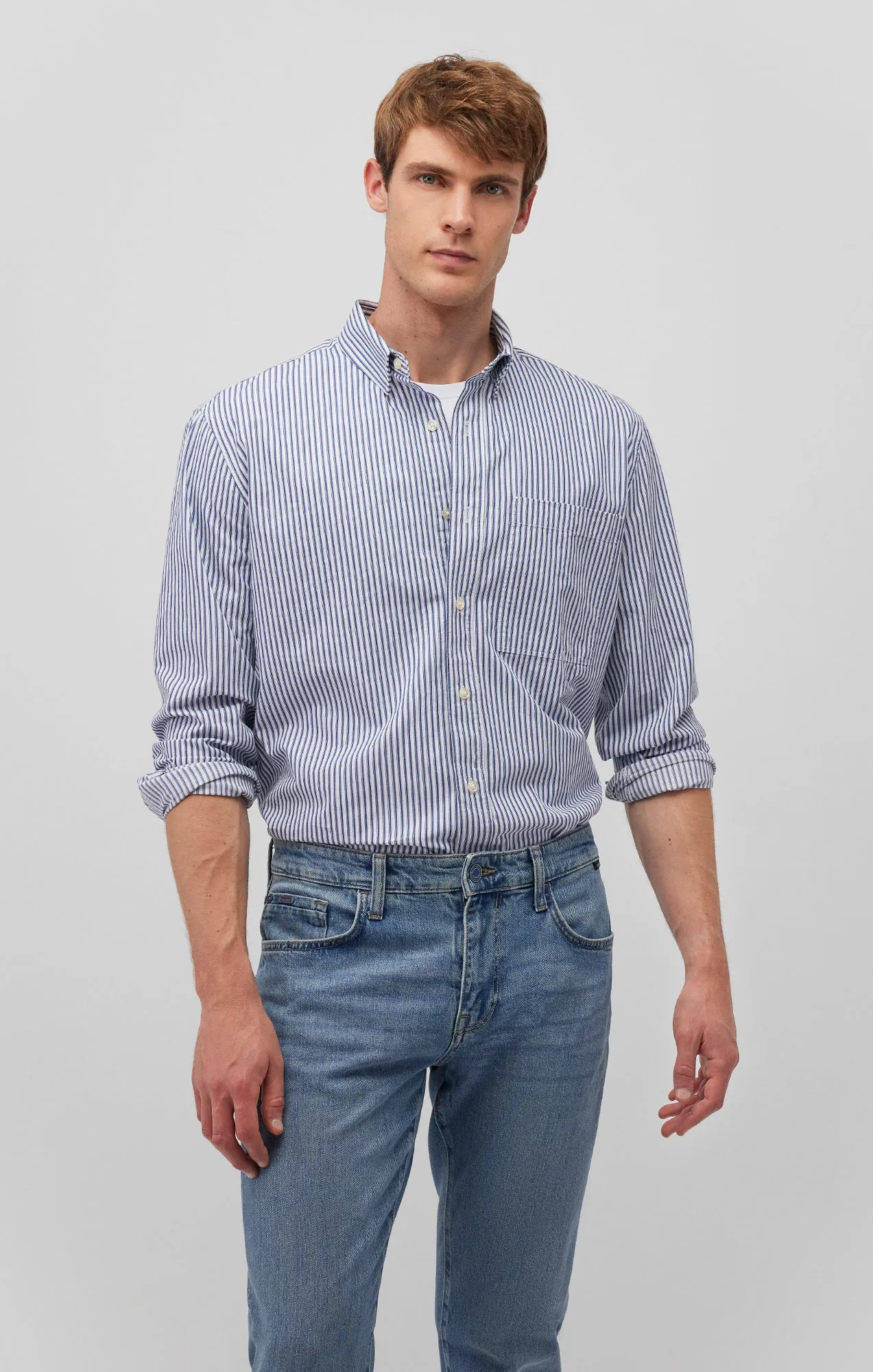 STRIPED BUTTON-UP LONG SLEEVE SHIRT IN TRUE BLUE