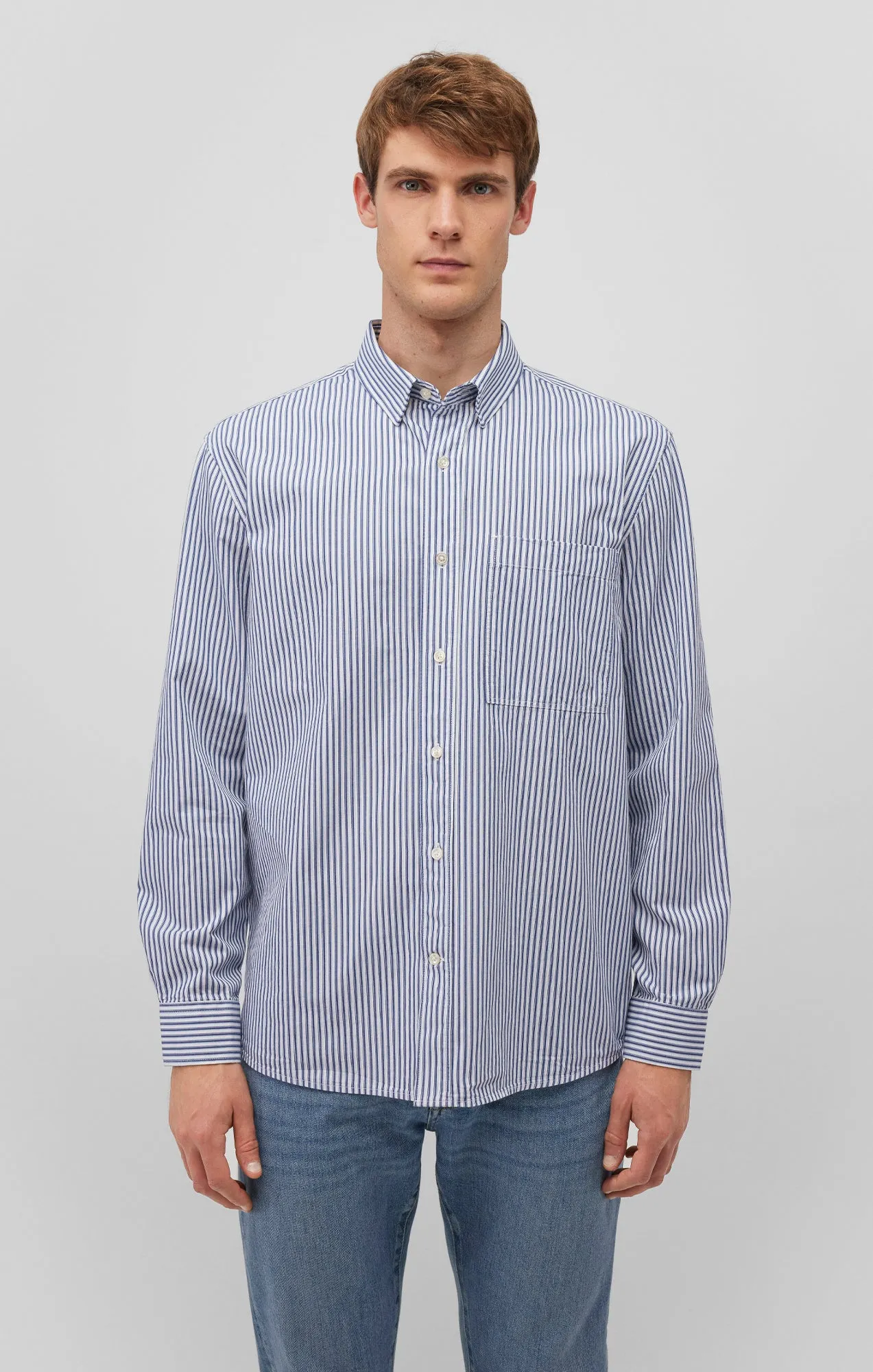 STRIPED BUTTON-UP LONG SLEEVE SHIRT IN TRUE BLUE