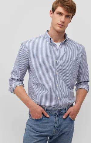 STRIPED BUTTON-UP LONG SLEEVE SHIRT IN TRUE BLUE