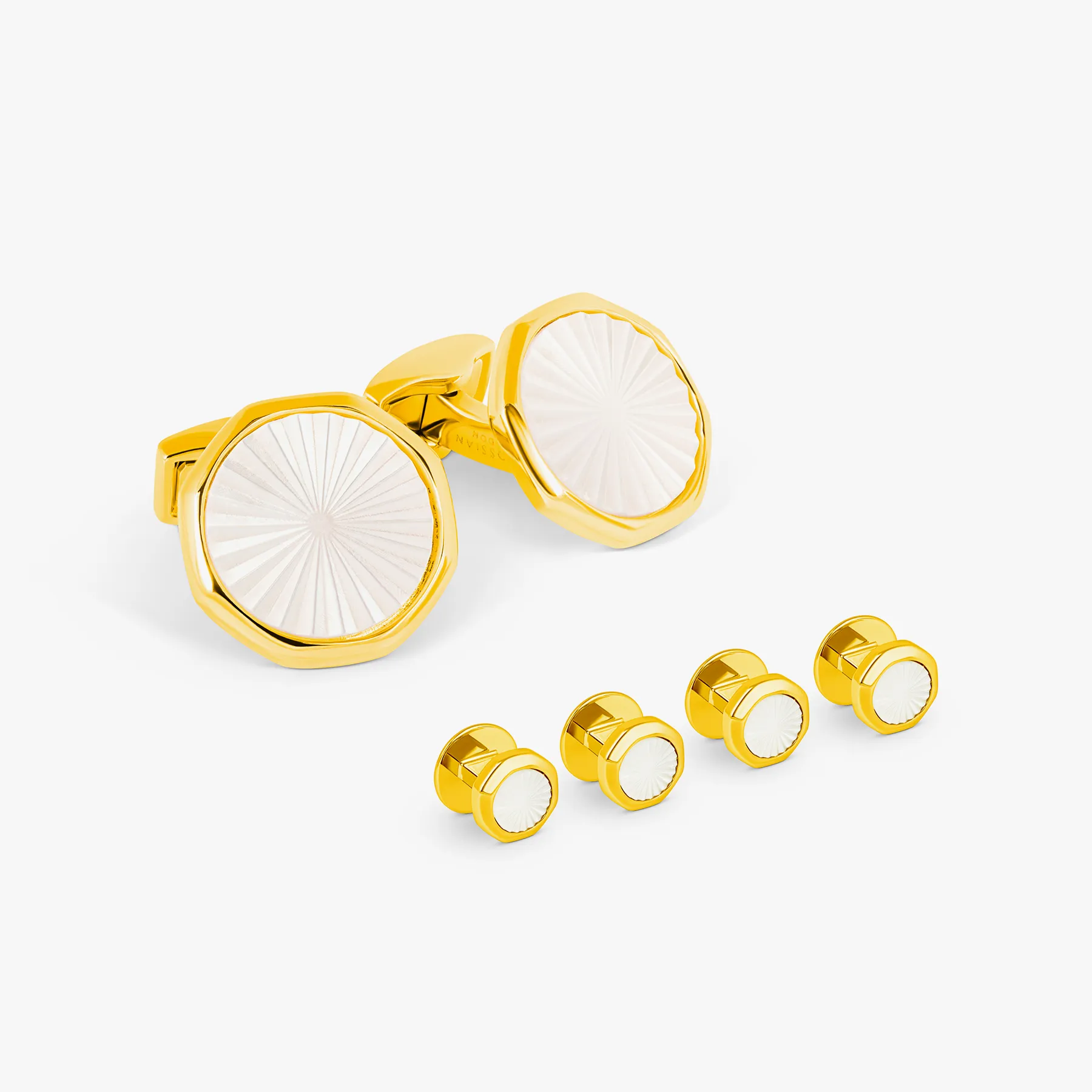 Sunburst Cufflinks & Dress Shirt Studs In Yellow Gold & White Mother Of Pearl