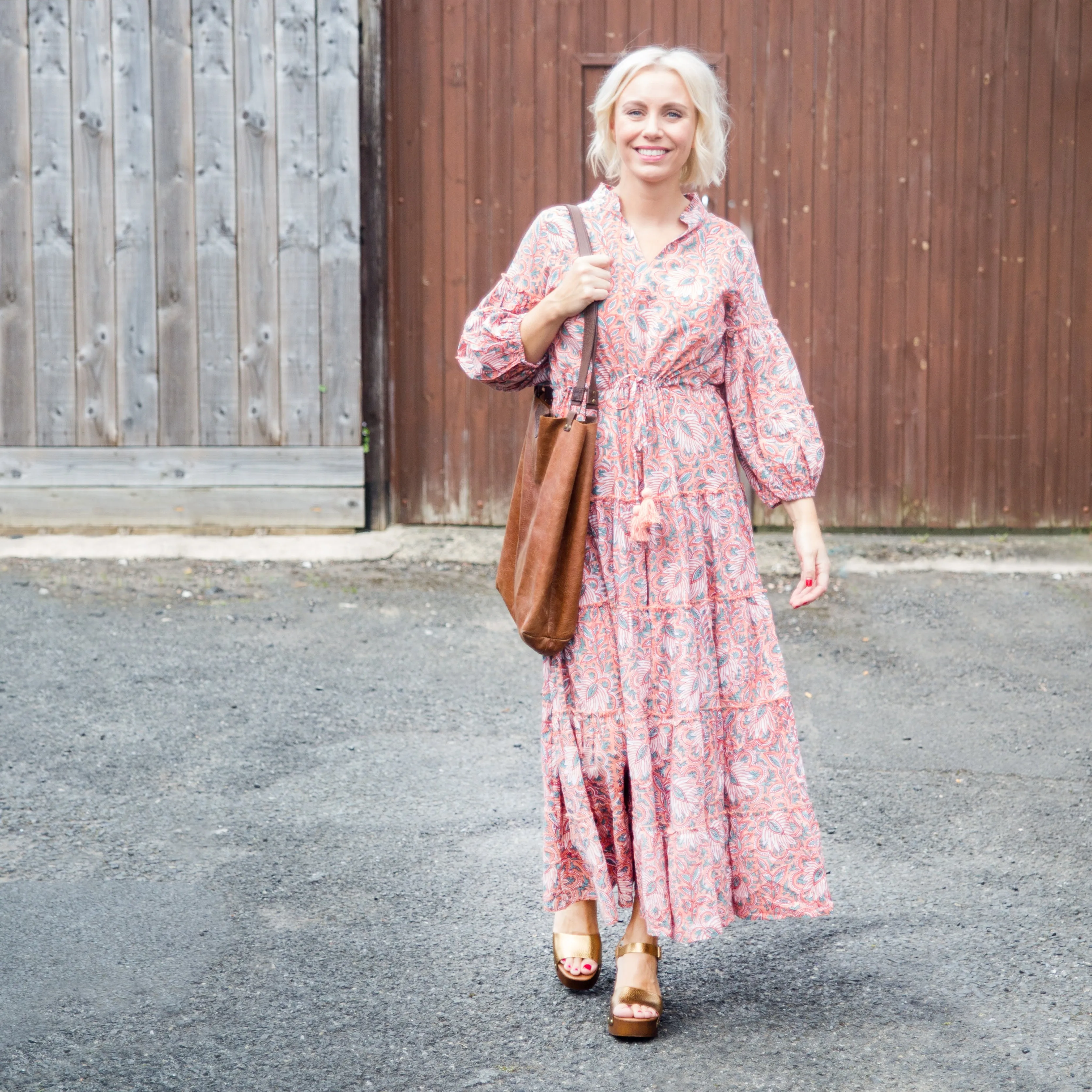 Suri Cotton Block Print Dress -  Coral & Blue