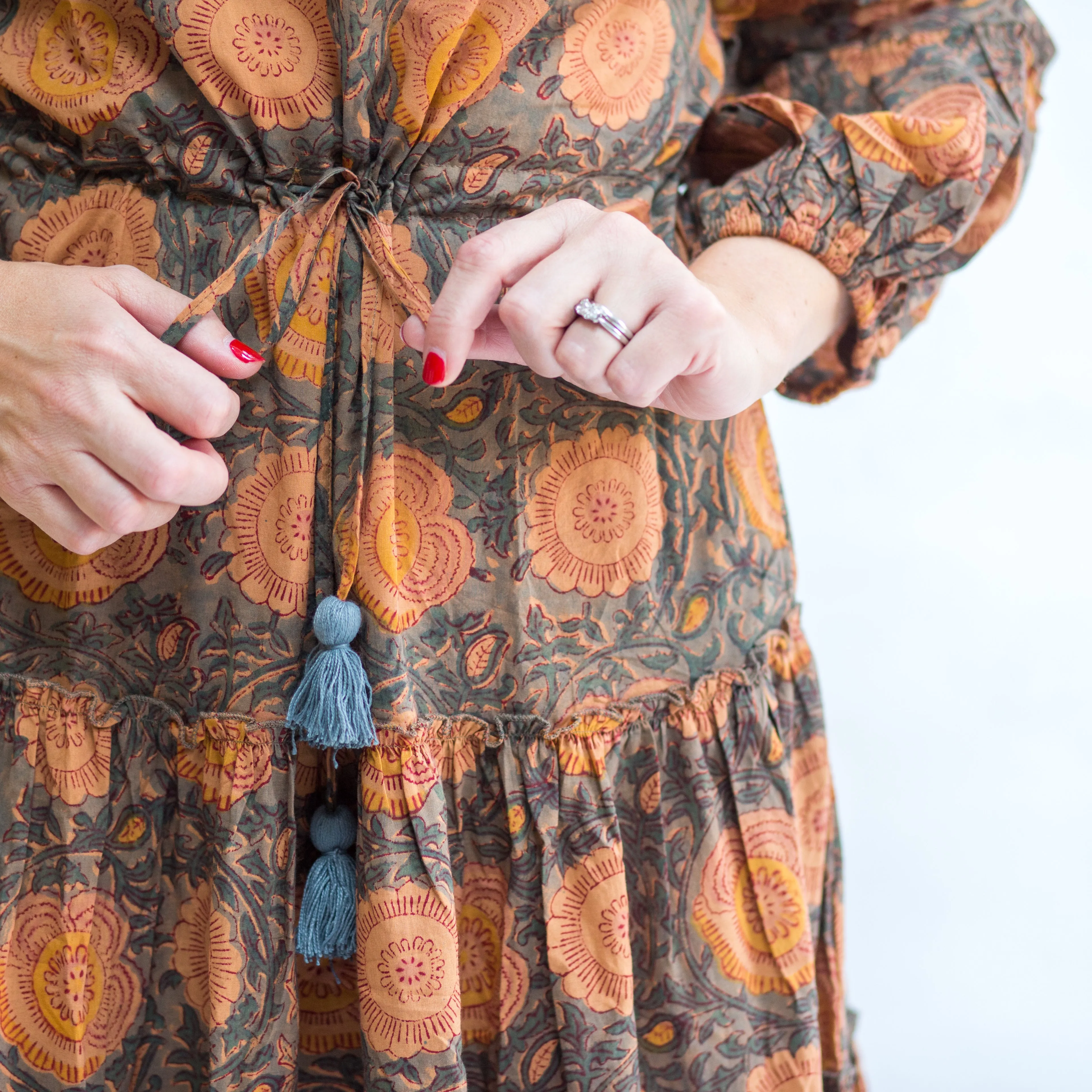 Suri Cotton Block Print Dress -  Grey & Coral