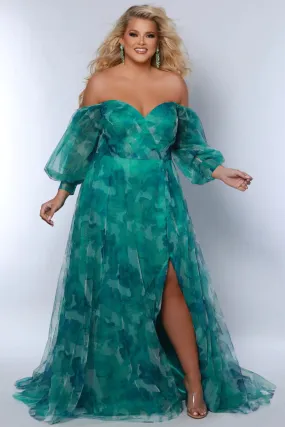 Sydneys Closet SC7386 Long Prom Dress Plus Size Strapless A-Line Floral Slit Puff Sleeves Train Pockets Formal Gown