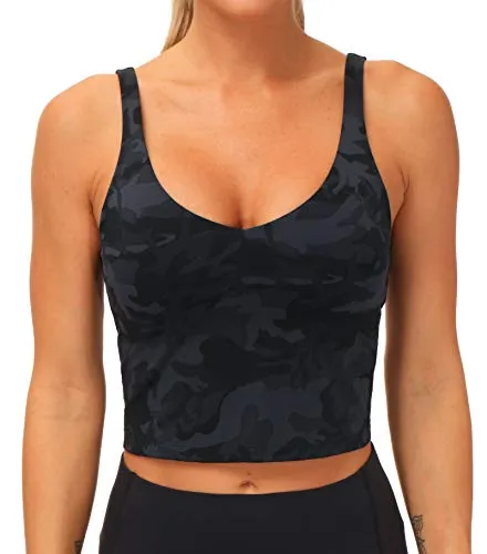 THE GYM PEOPLE Womens Camo Longline Sports Bra Wirefree Padded Medium Support Yoga Bras Gym Running Workout Tank Tops (BlackGrey Camo, Medium)