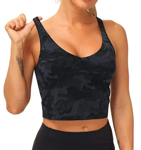 THE GYM PEOPLE Womens Camo Longline Sports Bra Wirefree Padded Medium Support Yoga Bras Gym Running Workout Tank Tops (BlackGrey Camo, Medium)