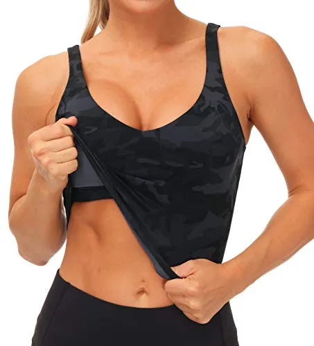 THE GYM PEOPLE Womens Camo Longline Sports Bra Wirefree Padded Medium Support Yoga Bras Gym Running Workout Tank Tops (BlackGrey Camo, Medium)