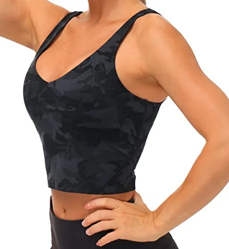 THE GYM PEOPLE Womens Camo Longline Sports Bra Wirefree Padded Medium Support Yoga Bras Gym Running Workout Tank Tops (BlackGrey Camo, Medium)