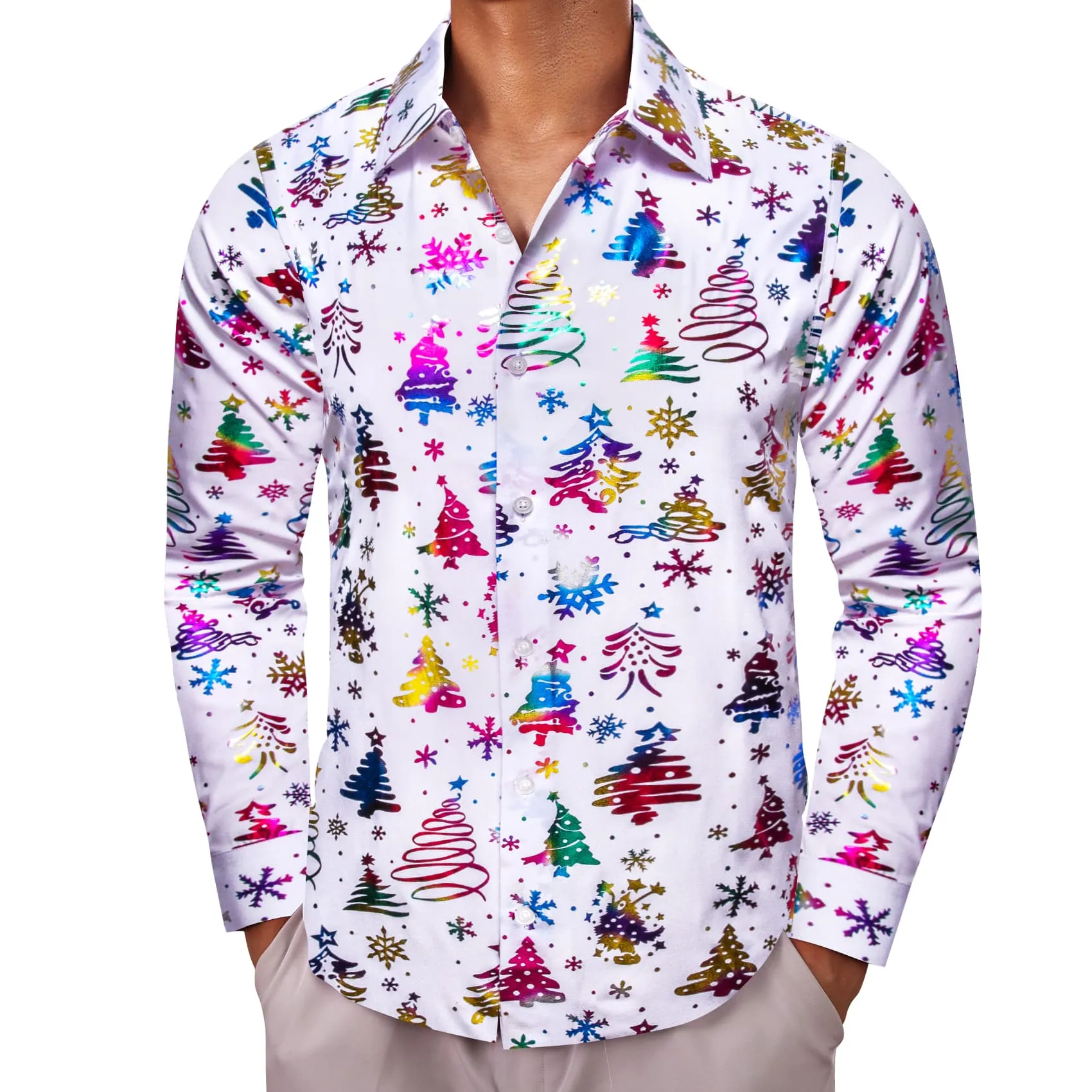 Ties2you Christmas Shirt White Colorful Xmas Tree Pattern Mens Button Up Shirt