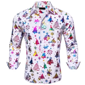 Ties2you Christmas Shirt White Colorful Xmas Tree Pattern Mens Button Up Shirt