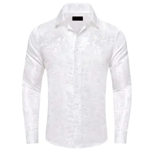 Ties2you Dress Shirt Pure White Paisley Silk Long Sleeve Button Up Shirt for Men