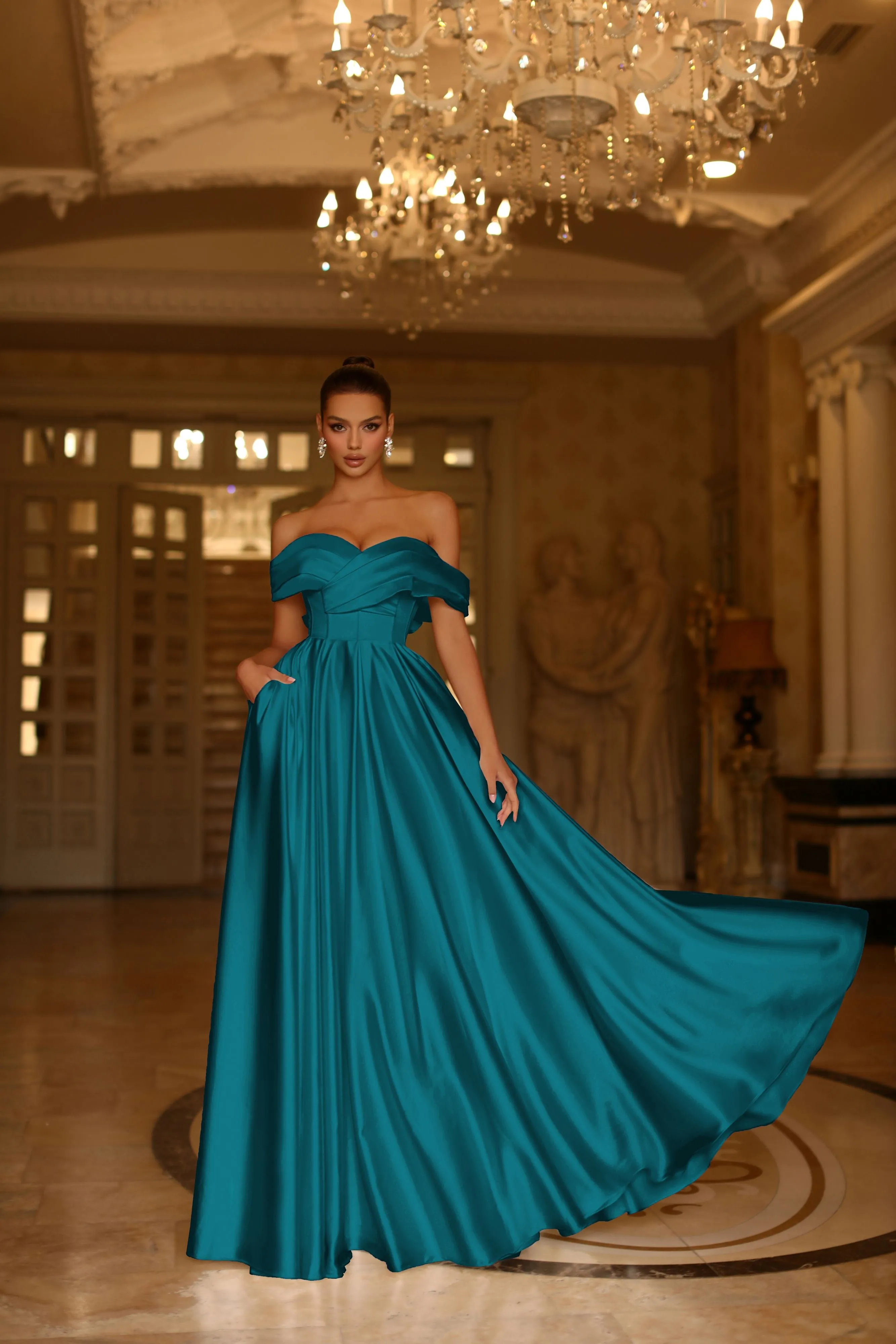 Tina Holly | TE207 Off Shoulder Satin A Line Formal Dress( MADE TO ORDER)