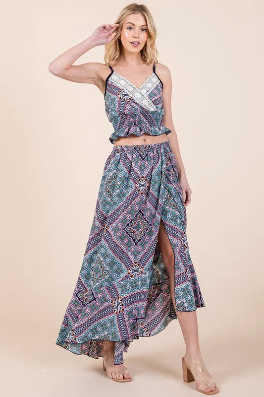 Tribal Print Ruffle Hem Wrap Maxi Skirt