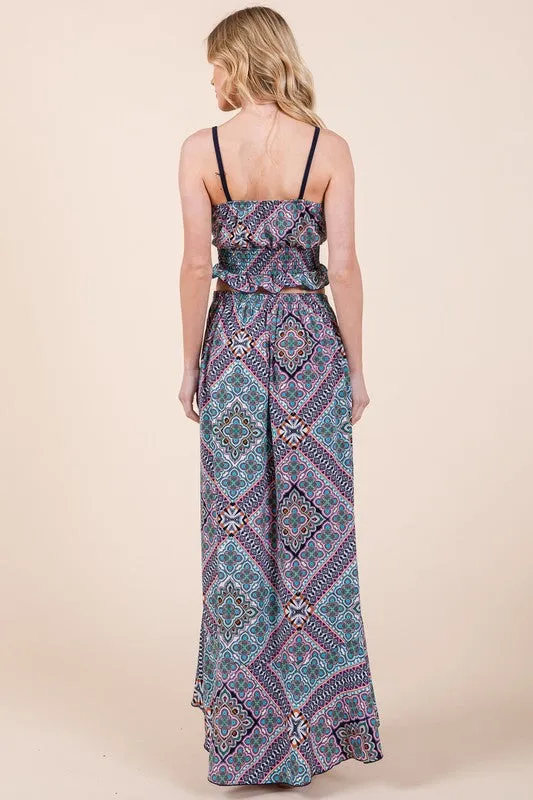 Tribal Print Ruffle Hem Wrap Maxi Skirt