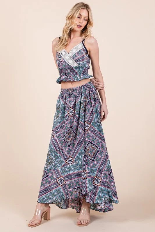 Tribal Print Ruffle Hem Wrap Maxi Skirt