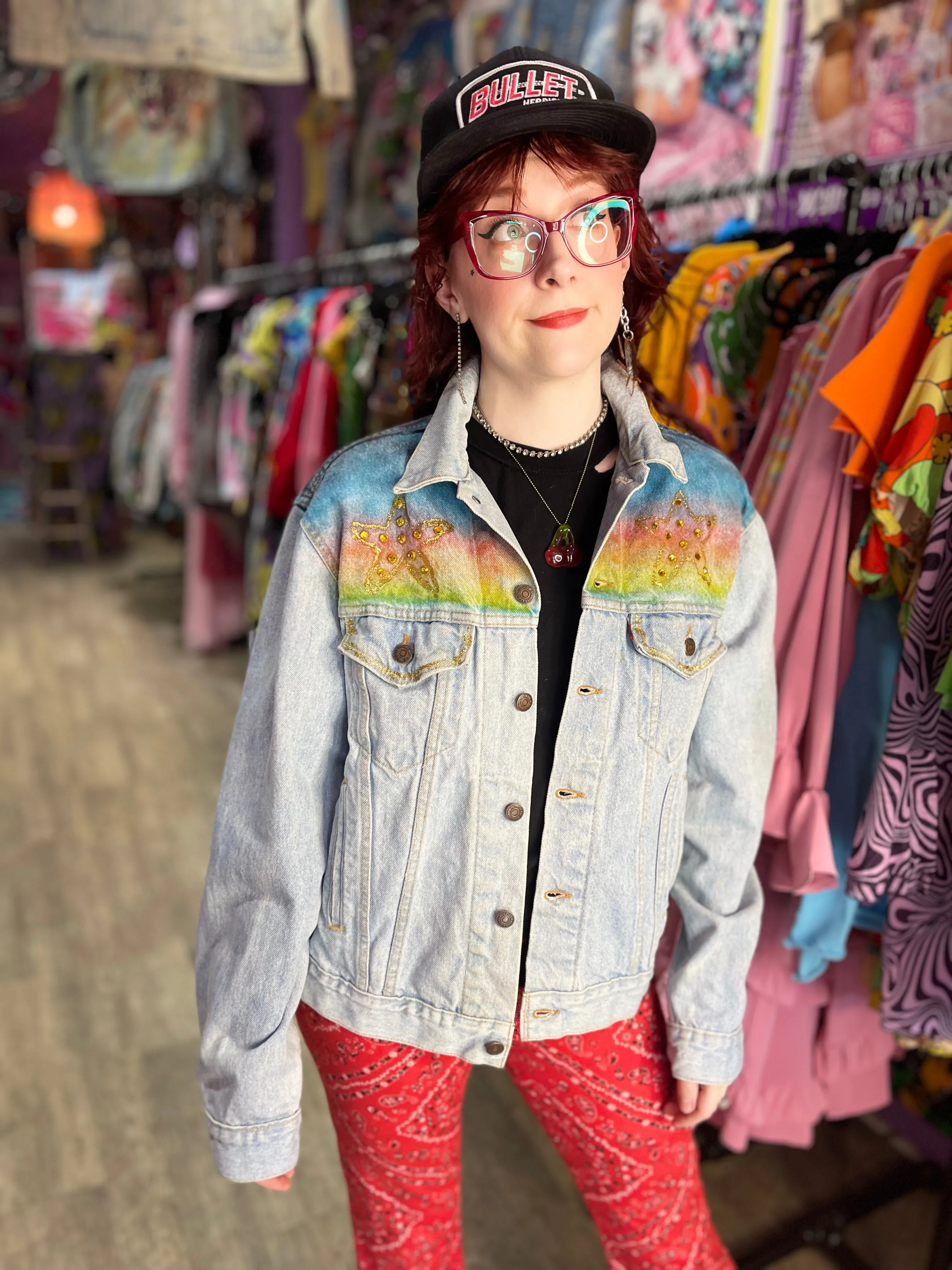 Vintage 80s Bedazzled Painted Hollywood Jean Jacket