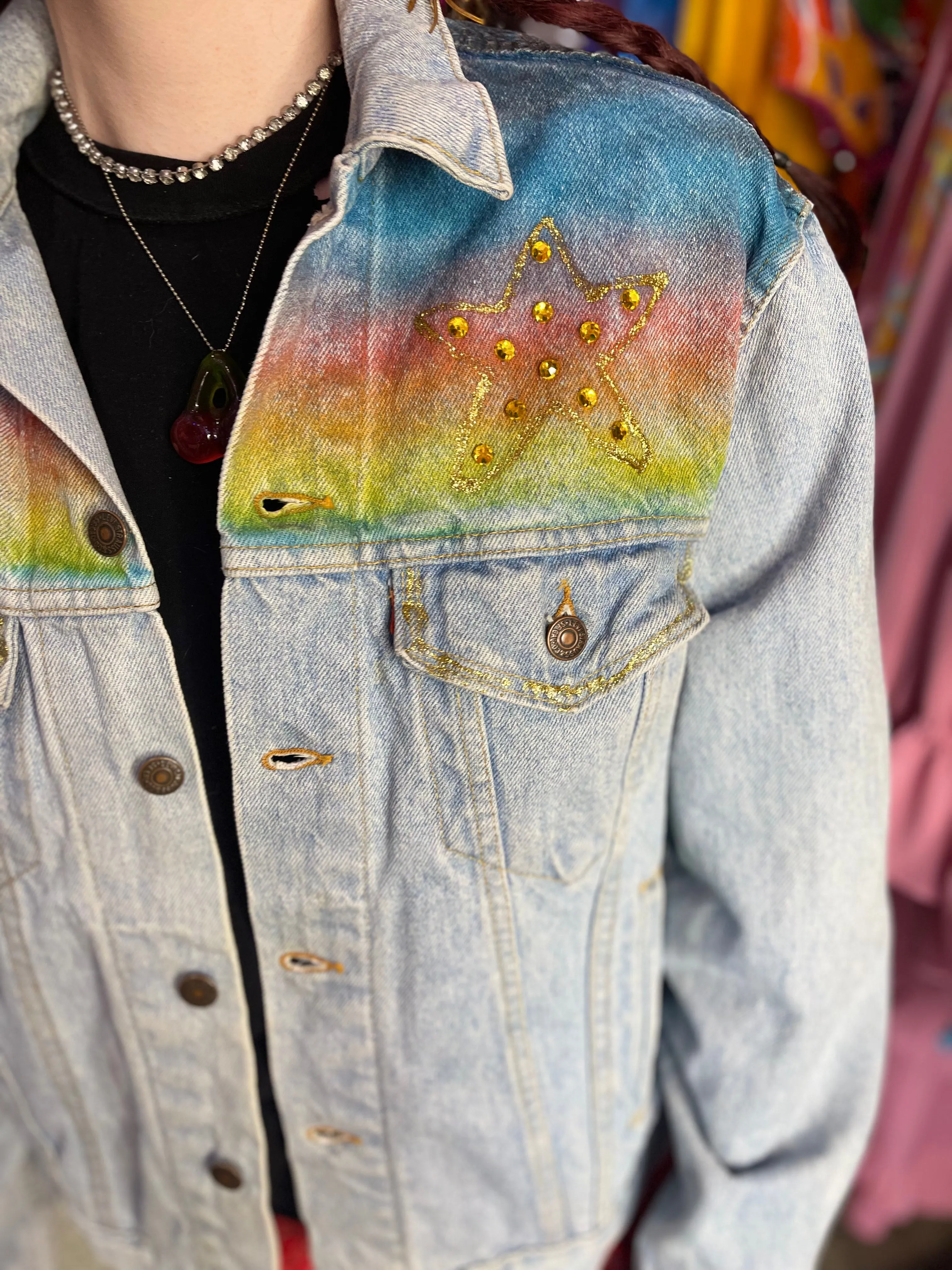 Vintage 80s Bedazzled Painted Hollywood Jean Jacket