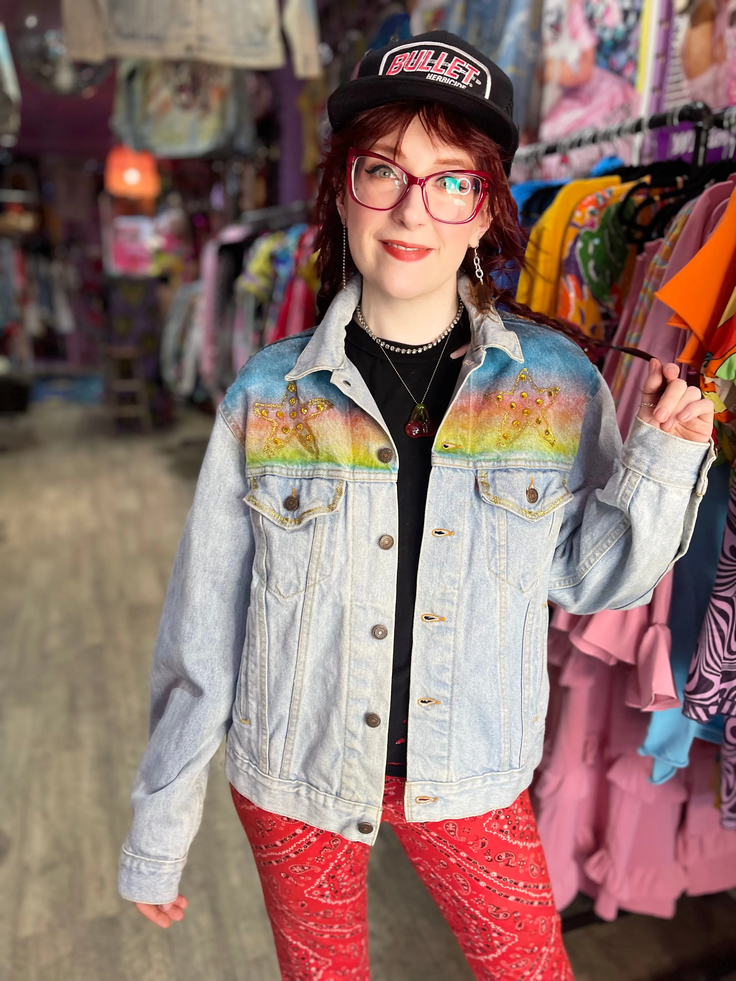 Vintage 80s Bedazzled Painted Hollywood Jean Jacket