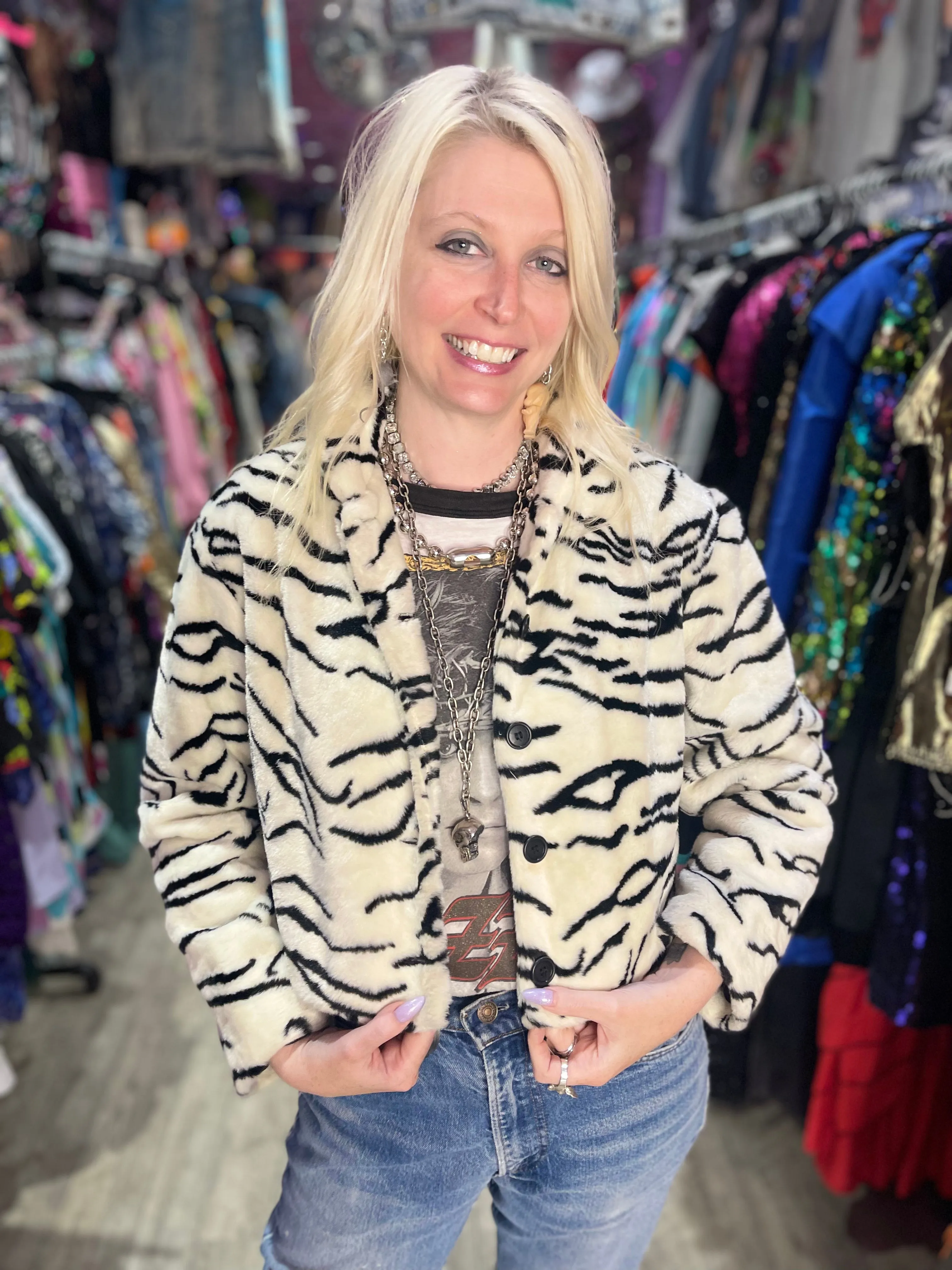 Vintage 90s Faux Fur Zebra Cropped Jacket