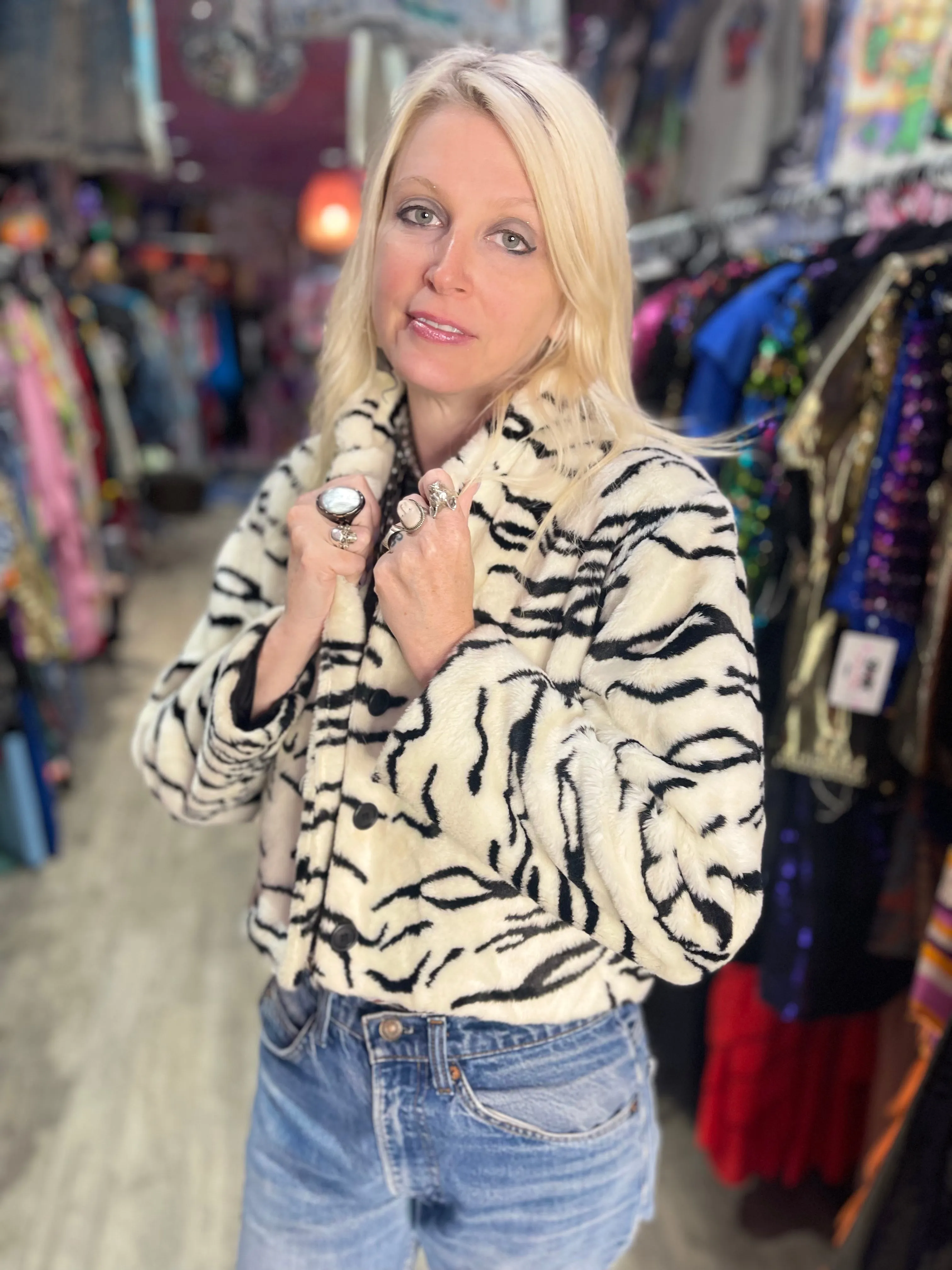 Vintage 90s Faux Fur Zebra Cropped Jacket