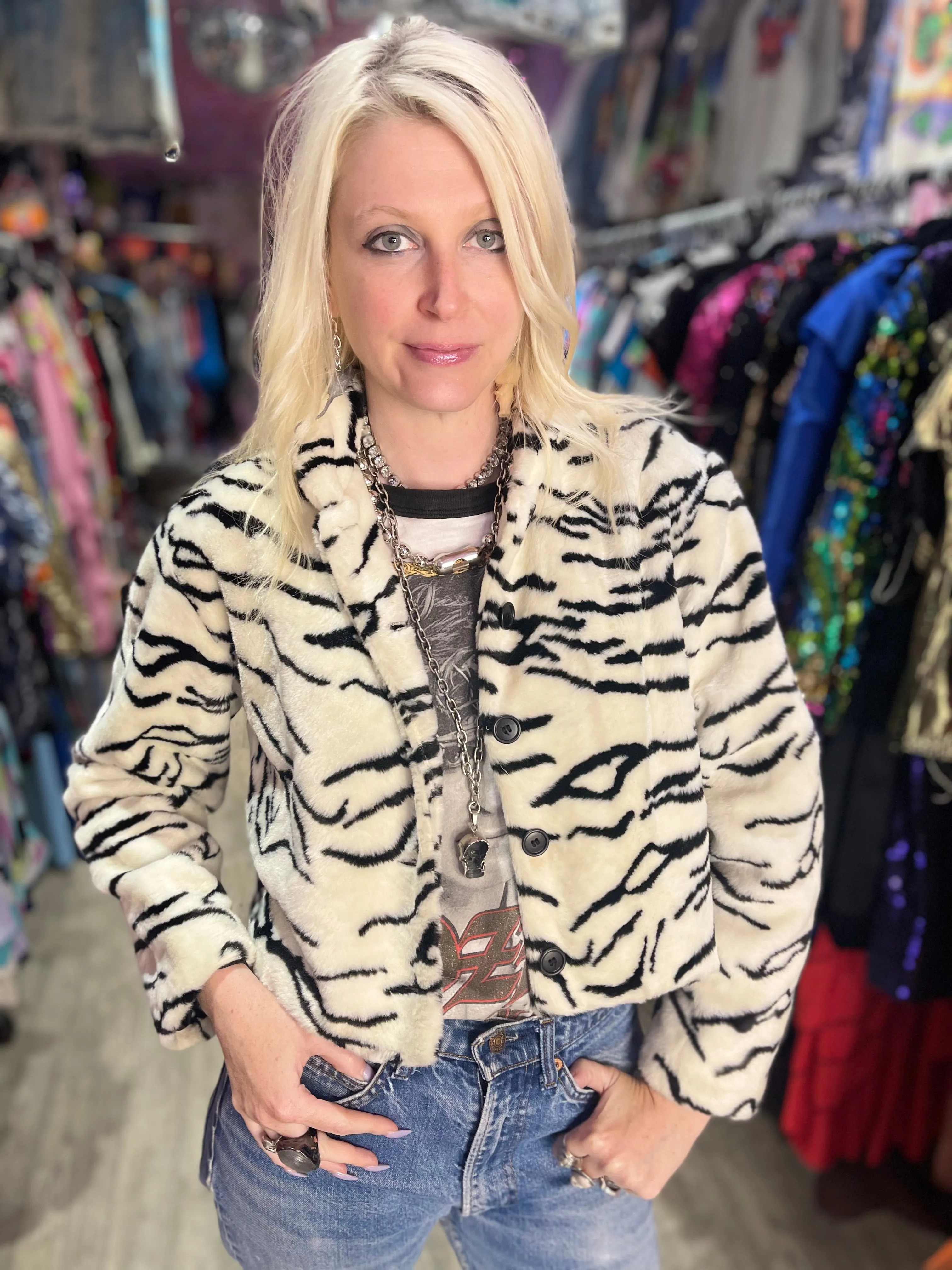 Vintage 90s Faux Fur Zebra Cropped Jacket