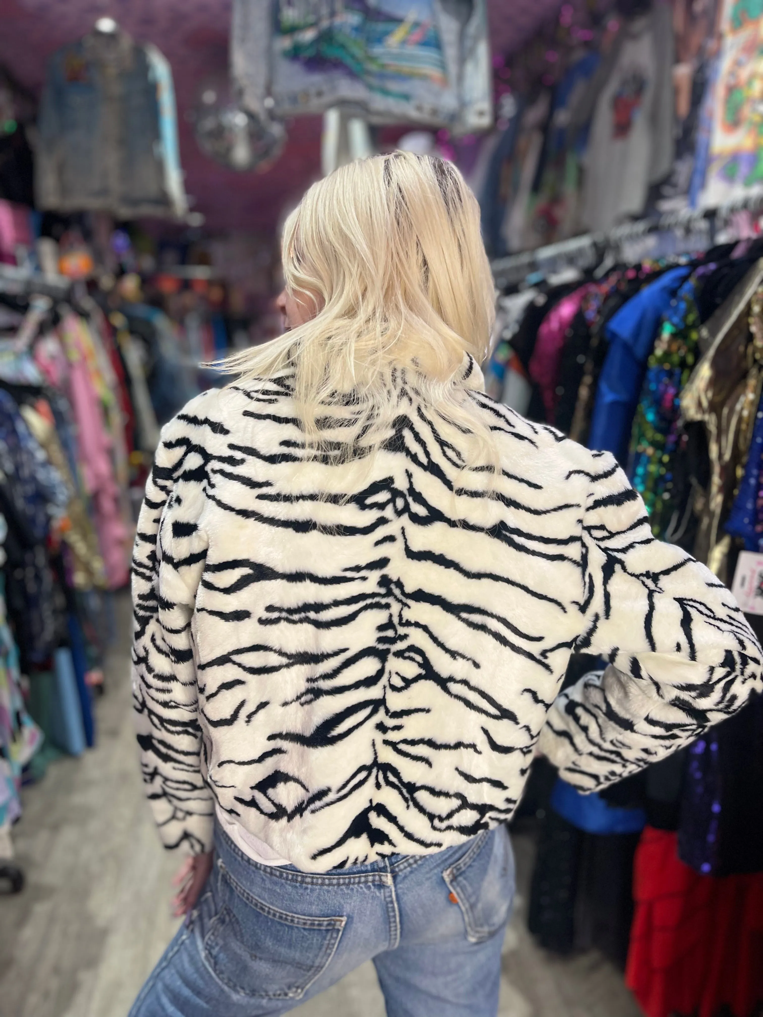 Vintage 90s Faux Fur Zebra Cropped Jacket