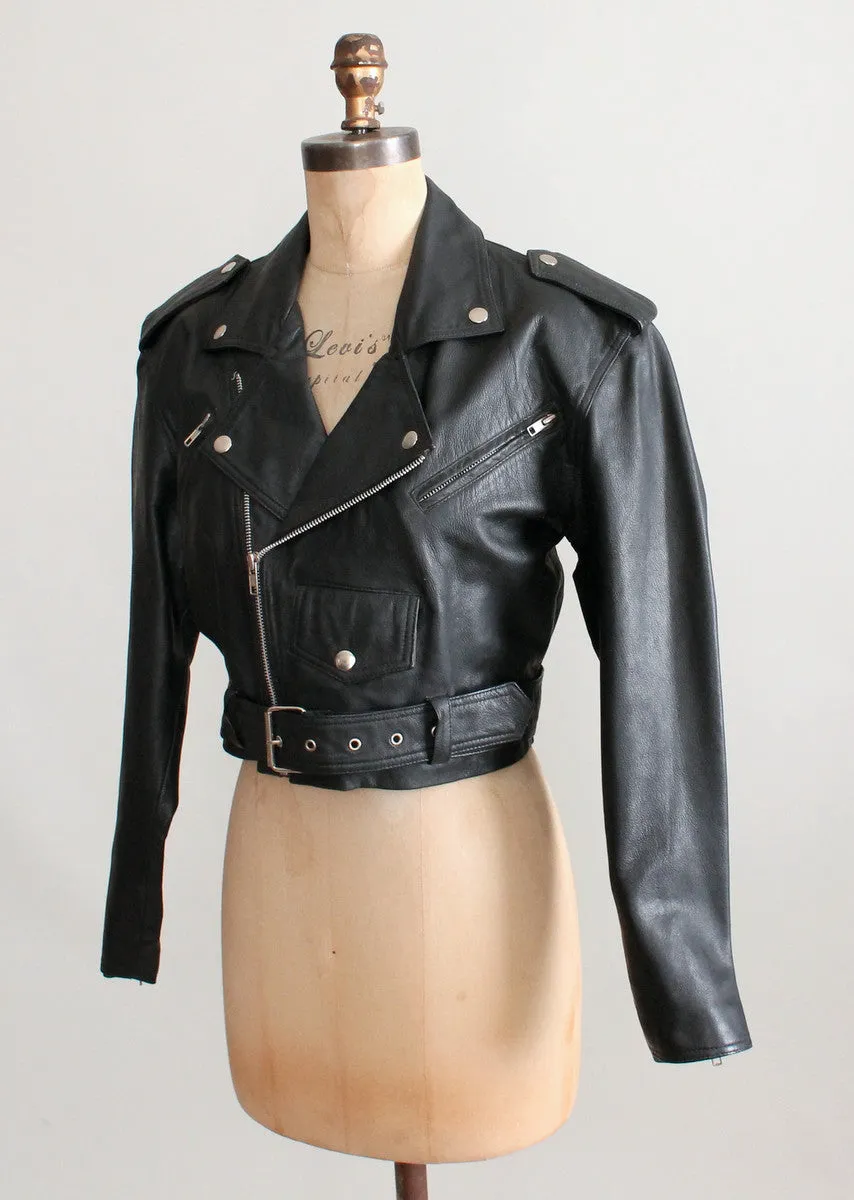 Vintage Black Leather Cropped Biker Jacket