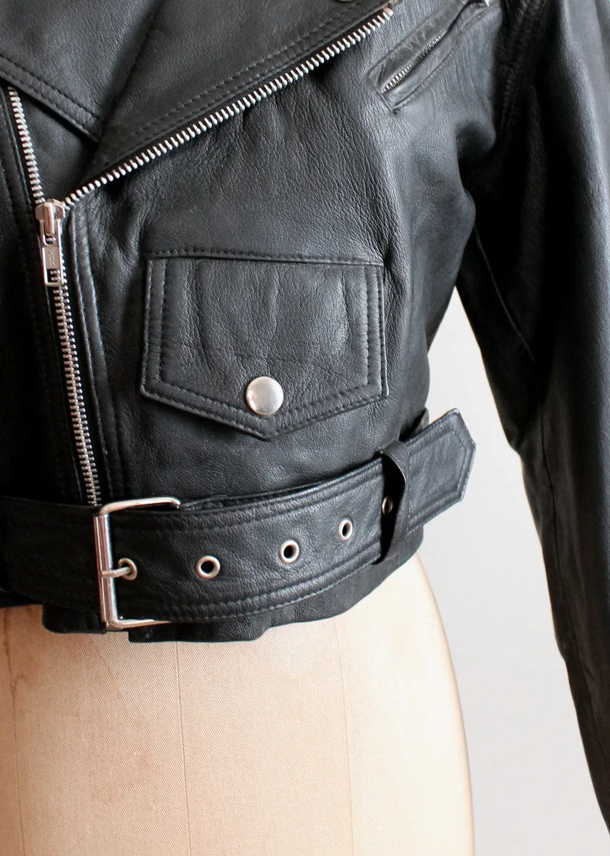 Vintage Black Leather Cropped Biker Jacket