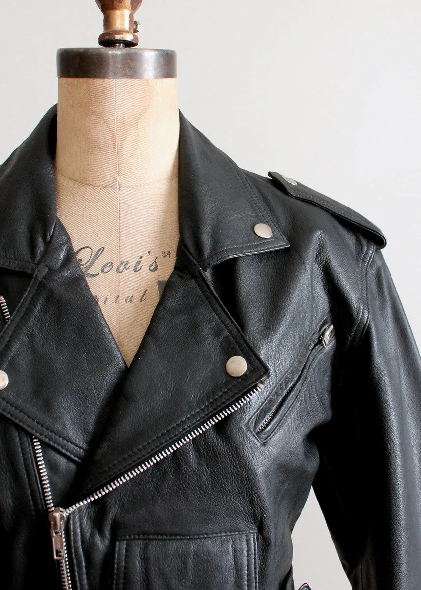 Vintage Black Leather Cropped Biker Jacket