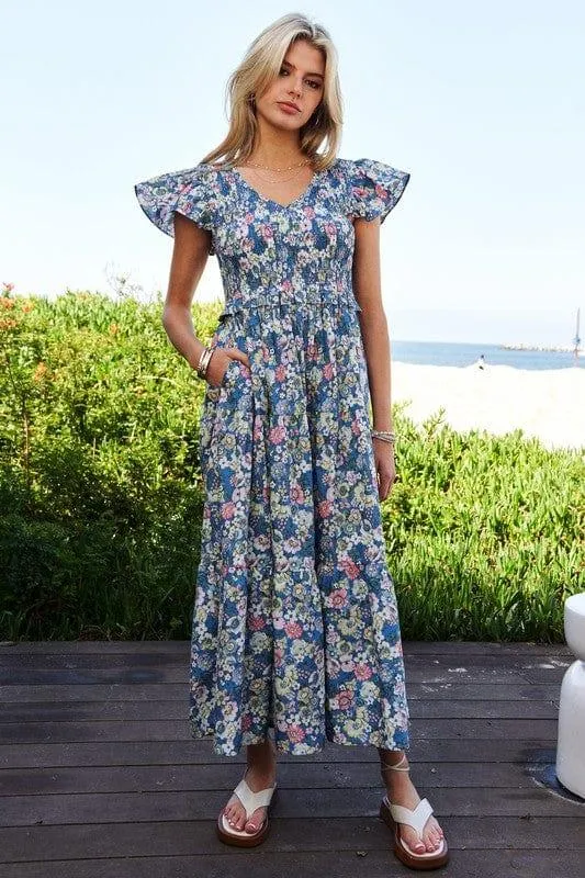 Vintage Garden Floral Flutter Smocking Midi Dress