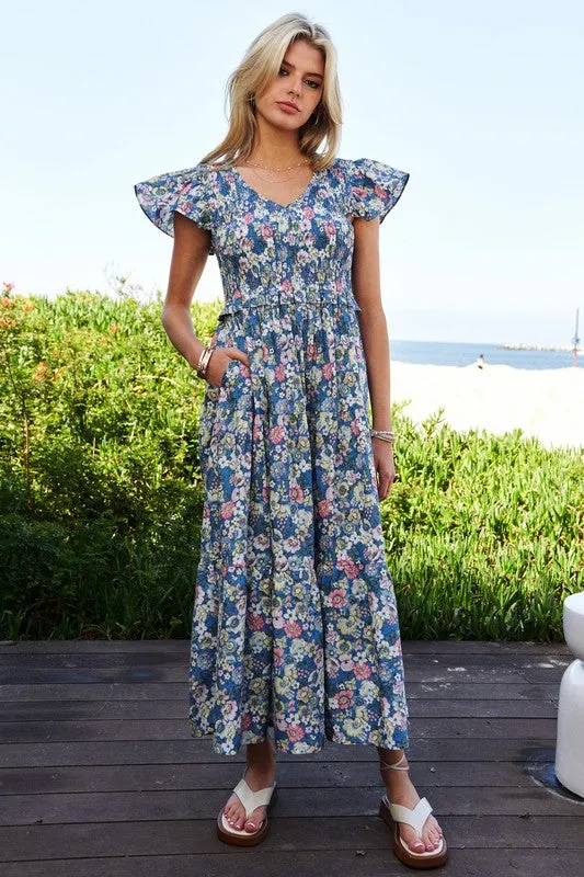 Vintage Garden Floral Flutter Smocking Midi Dress