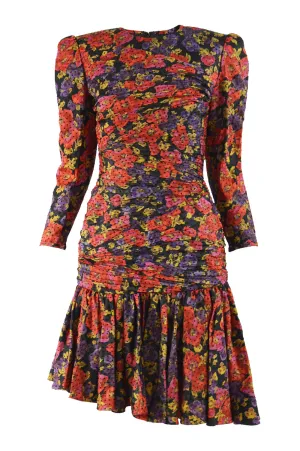 Vintage Ruched Silk Floral Evening Dress, 1980s