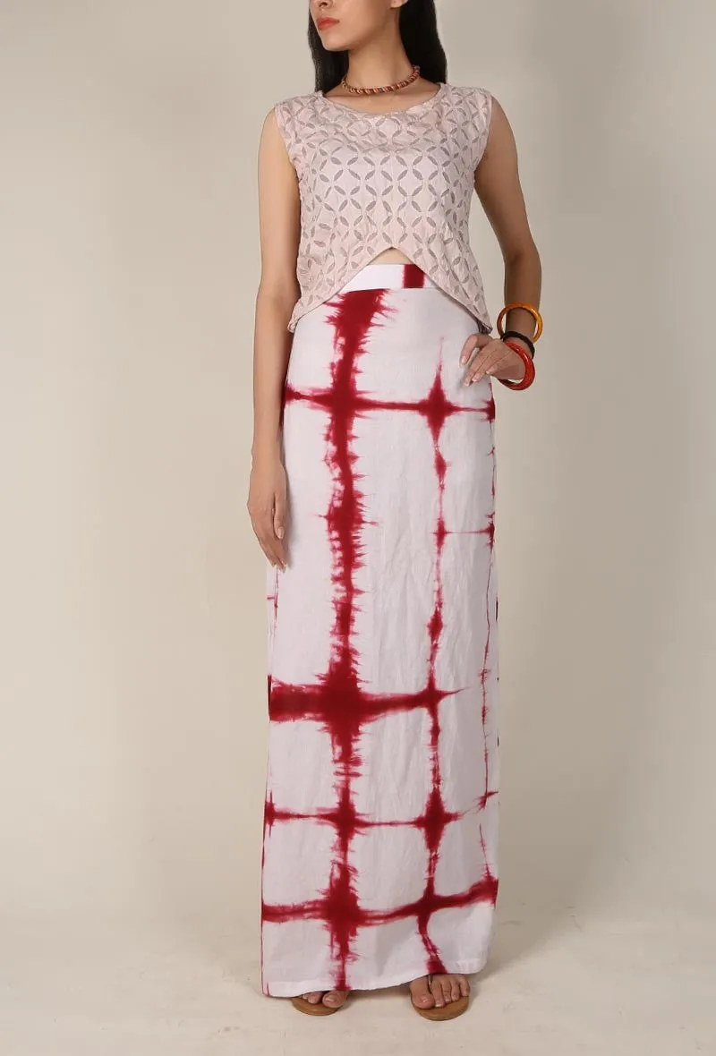 White and Red Clamp Dyed Straight Skirt