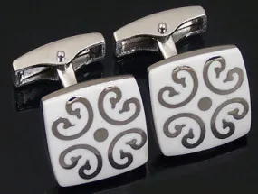 White Cufflinks with Silver Design