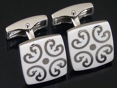 White Cufflinks with Silver Design