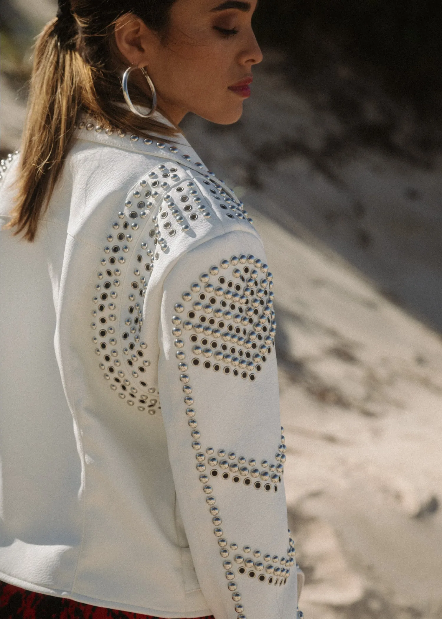 White Faux Leather Moto Jacket with Studs