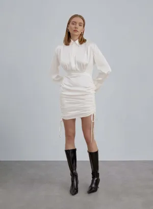 White Ruched Long Sleeve Shirt Bodycon Dress