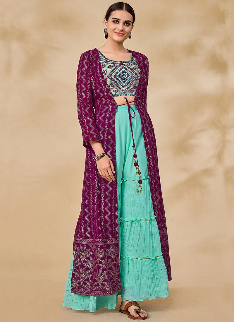 Wine And Blue Embroidered Jacket Style Palazzo Suit