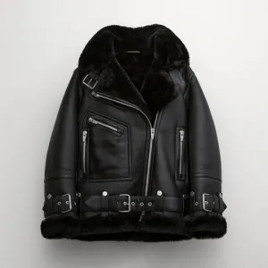 Women Black B3 RAF Aviator Styled Sheepskin Shearling Leather Jacket