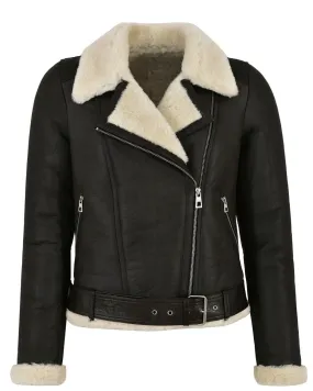 Womens Fur Shearling Bomber Black Leather Jacket