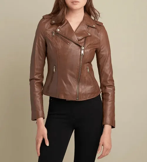 Womens Light Brown Leather Biker Jacket