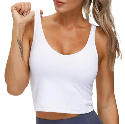 Women’s Longline Sports Bra Wirefree Padded Medium Support Yoga Bras Gym Running Workout Tank Tops (White, Large)