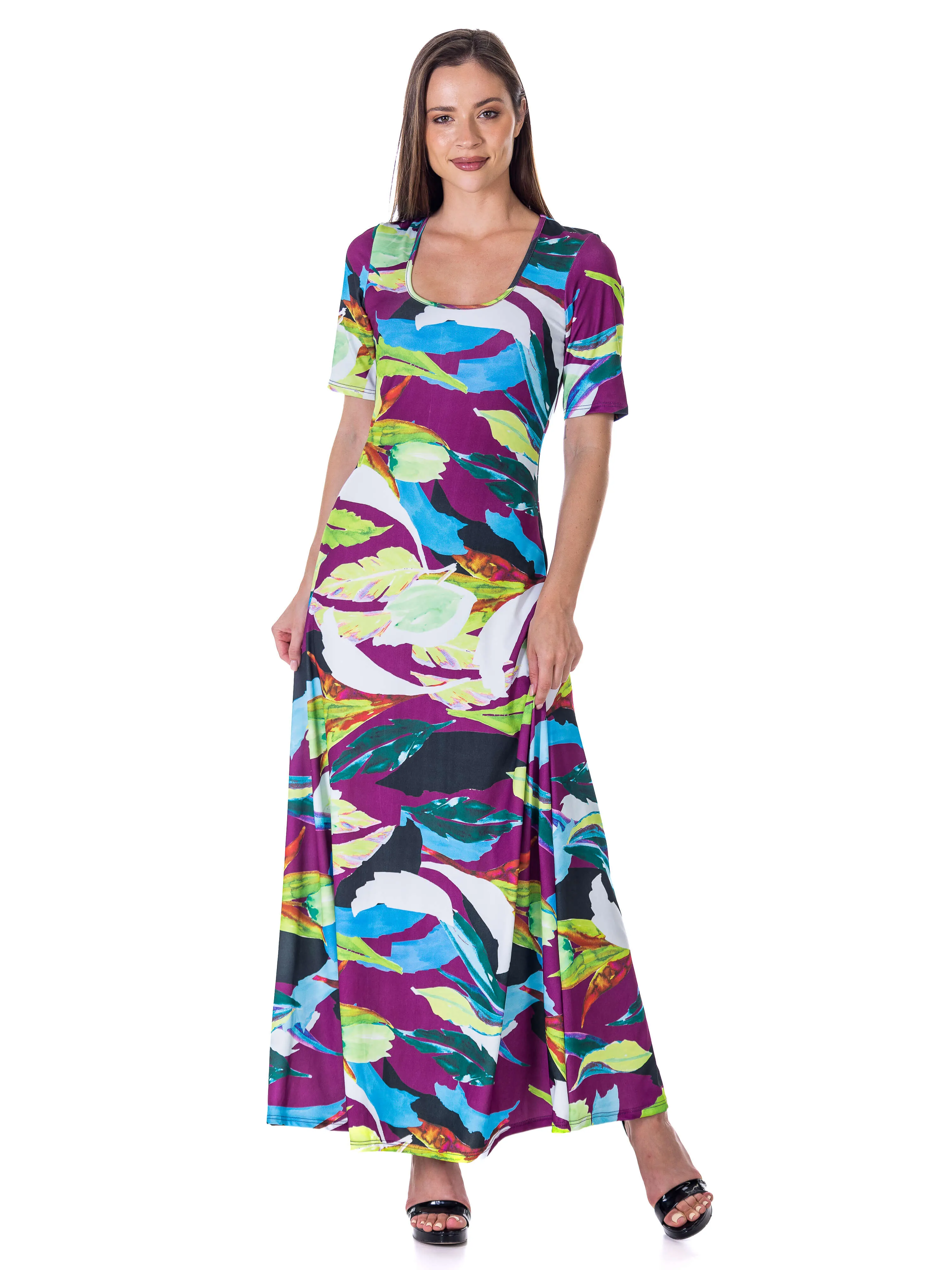 Womens Multicolor Floral Print Elbow Sleeve Casual A Line Maxi Dress